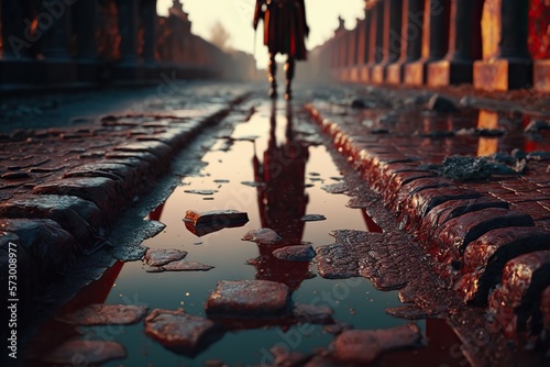 Generative ai roman soldier standing in a bloody road