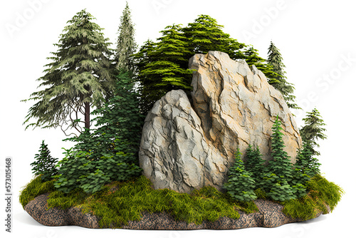 Cutout rock surrounded by fir trees, plants and leaves. Isolated rock on white background.