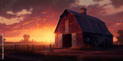 A barn on a farm at sunrise. Generative AI