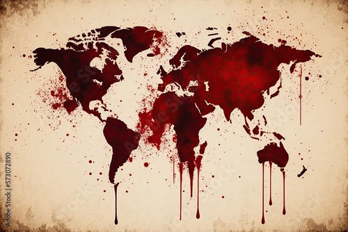 Map of the world made of blood with blood drops, concept of bloody war, created with Generative AI technology