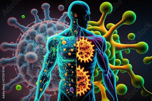 Illustration of human immune system with colorful cells antibodies and viruses showing battle between defenses and invading pathogens, concept of Immunity, created with Generative AI technology