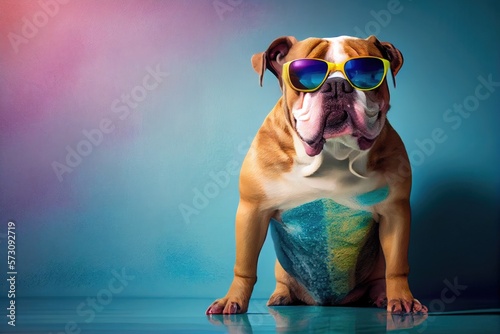 Portrait of bulldog wears sunglasses