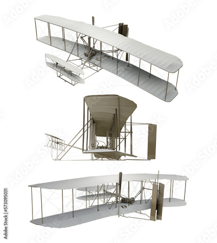 3d rendering of wright brothers flyer airplane perspective view