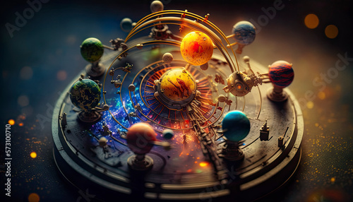 Mechanical model of the solar system with cinematic coloring and tilt-shift perspective, created with Generative AI technology