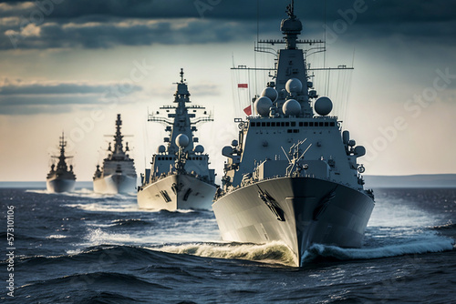 A line of modern military naval battleships warships in the row, northern fleet and baltic sea fleet in the open sea