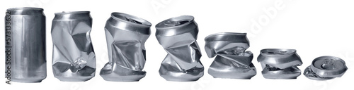 Set of crumpled Energy drink soda can in various shape, isolated cut out object