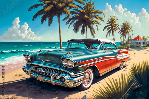 Illustration of Luxury vintage car at the beach, AI-Generated image.