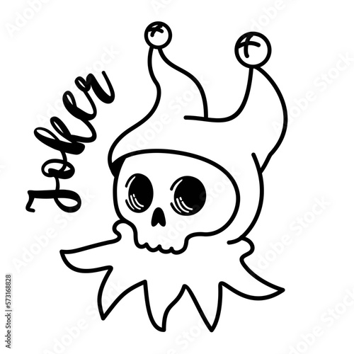 Hand drawn skull in jester fools cap. Cute joker skull. Vector isolated black and white illustration in engraving tattoo style.