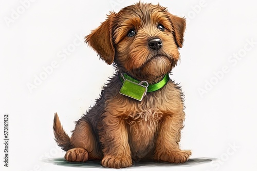 Brown puppy mix dog sitting alone with a green collar and ID tag. Generative AI