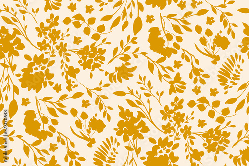 bicolor contour silhouette seamless pattern with flowers and leaves. Abstract floral spring, summer pattern.