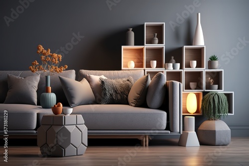 Creative composition of stylish modern spacious living room with grey sofa, wooden cubes, pillows, plaid, carpet, white vases and small personal accesories. Copy space