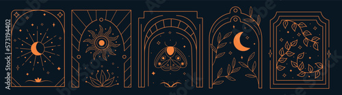 Esoteric flower arch, celestial frame. Magic mystic moth, boho floral gate, sun, moon and stars in mystical vintage style. Minimal emblem or feminine logo, vector design recent illustration