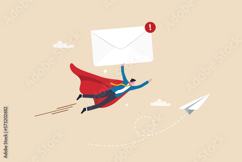 Sending email to communicate with client or customer, subscription newsletter automation, online advertising or mailing list service concept, professional businessman hero deliver big email envelope.