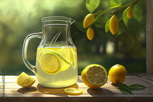 Jug of refreshing homemade lemonade made of fresh lemon fruits on wooden table under the tree in the garden at summer. Generative AI