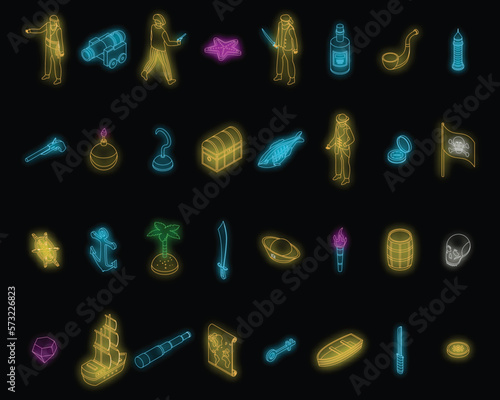 Pirate icons set. Isometric set of pirate vector icons neon color on black