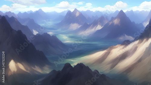 Rocky Mountain Scenery During The Day Detailed Hand Drawn Painting Illustration