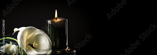 Burning candles and calla flowers on black background with space for text. Funeral concept. digital art 