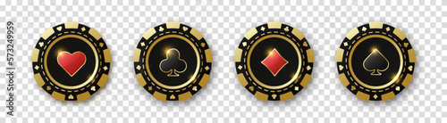 Set of red and black poker chips. Gambling tokens with suits for poker and casino. Diamonds, clubs, hearts, spades chips. Vector illustration on a transparent background.