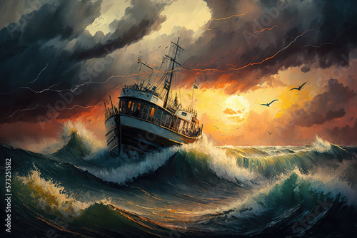 illustration painting Pirate ship navigating during a storm. Thunder, rain big waves on the ocean. Black boat setting sails on rough water, sea. Digital artwork, painting. (ai generated)