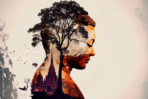 Buddhism, meditation. Double exposure with tree and temple. Ai generative.