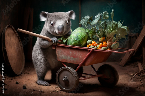 Koala gardening with a wheelbarrow full of vegetables AI generated Content