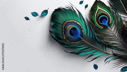 Horizontal solid white banner with beautiful shiny peacock feathers and clean copy space. AI generative image.