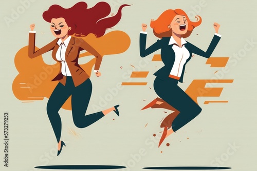 Two business woman jumping cheerful, fun, flat design illustration, AI generated