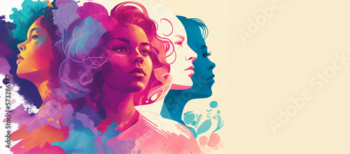 Women's day celebration banner, 8 march, multiple women faces graphic illustration, horizontal copy space on pastel pink background. Generative AI