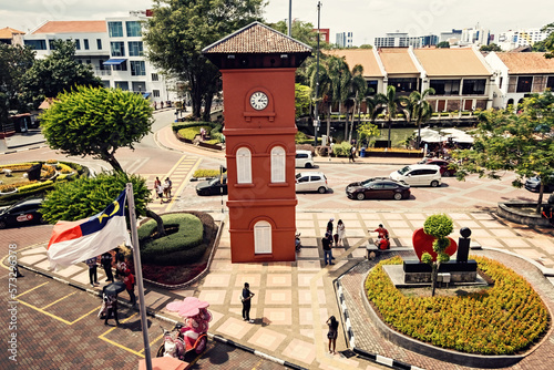 Dutch Square clock tower aerial view in Melaka historical town Malaysia