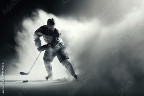 Ice Hockey Player Scores Goal in Dramatic Lighting and Smoke, Generative AI