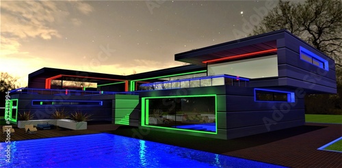 The multicolored night illumination of the amazing country mansion with swimming pool. Stunning bright star above the house. 3d rendering.