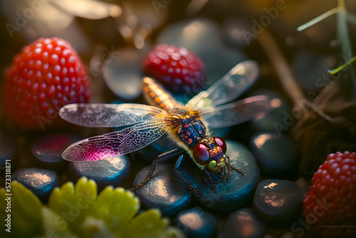 Glowing dragonfly with red eyes sits on forest berries raspberry, blackberry. Generative AI