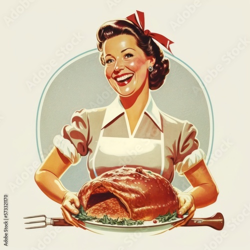Vintage retro illustration of a proud smiling 50s housewife preparing a turkey for Easter or Thanksgiving, generative ai