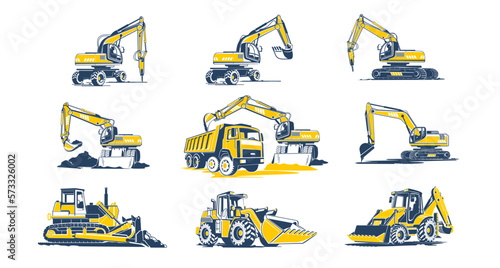 Excavator, bulldozer and more construction machinery icons set. Black and yellow construction machine icons, vector illustrations on white. Excavator, bulldozer and more construction machinery icons s