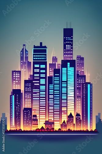 city ​​building houses night view skyline background real estate cute city concept horizontal banner flat vector illustration - generative ai