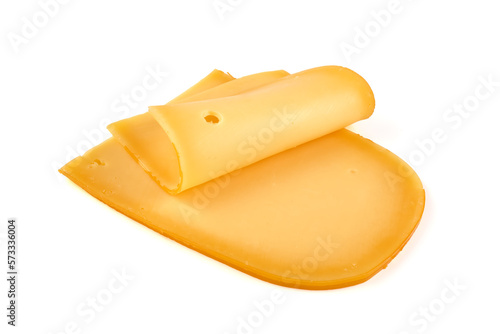 Hard Dutch gouda cheese, isolated on white background.