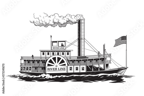 Paddle steamer, wheel passenger steamboat, riverboat or retro paddlewheel ship isolated on white background, engraving style black and white vector illustration