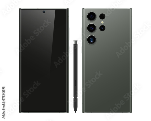 Vectorial smartphone design similar to Samsung S23 Ultra, front, back and s-pen