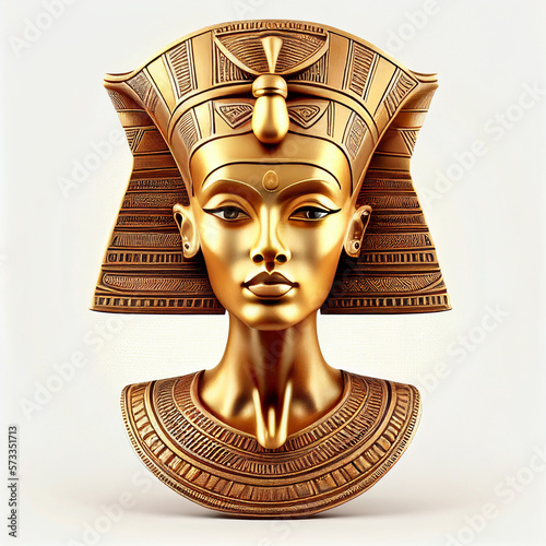 Antique retro gold mask of egyptian queen isolated on white closeup, ancient element of egyptian pyramids