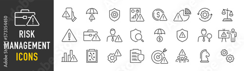 Risk Management web icon set in line style. Risk analysis, risk investment, minimizing losses, plan, low cost, collection. Vector illustration.