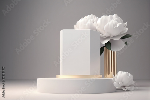 White display podium product package mock up presentation show cosmetic stage pedestal platform with gardenia flowers. Generative AI