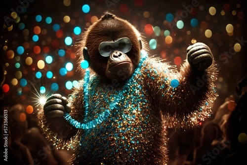 Monkey in a disco-inspired costume rocking out, concept of Dance and Music, created with Generative AI technology