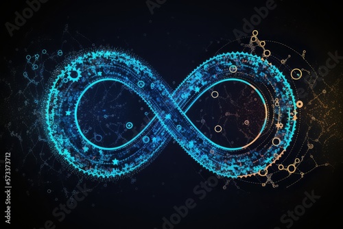 Illustration od blue DevOps infinity symbol on dark background, generative ai