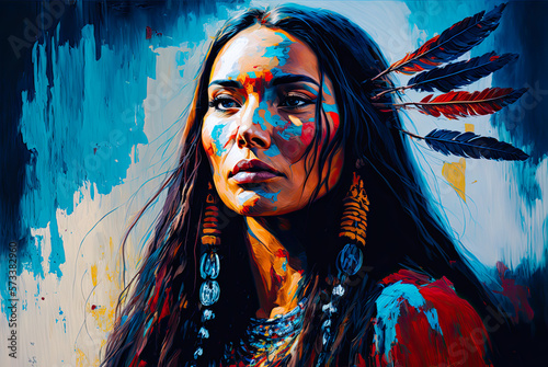 Sioux woman portrait, Old West. Generative AI