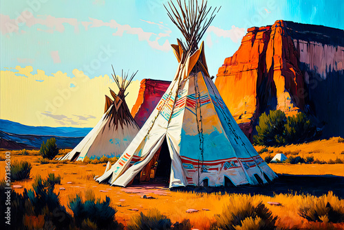 Tipis painting, Old West. Generative AI
