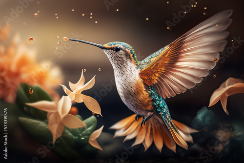 Beautiful Hummingbird in Tropical Garden. AI generated Illustration.
