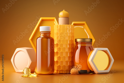 propolis bottles with bee extract cosmetics based on beeswax beauty skin care illustration Generative AI