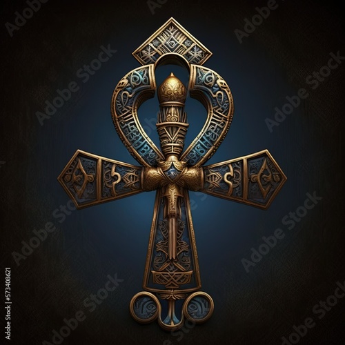 Ancient golden ankh symbol isolated on dark background. Illustration of an Egyptian cross in digital form. Generative AI The ancient Egyptians used the Ankh as a symbol for eternal life.