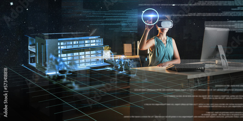 Engineering, architecture overlay or woman in virtual reality or vr for a 3d house model in office at night. Home, metaverse technology or designer designing a futuristic digital online innovation