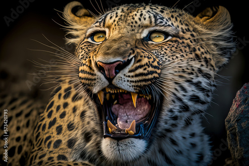 Sngry wild leopard Bare teeth on black isolated background. Leopard roaring. Generative AI.